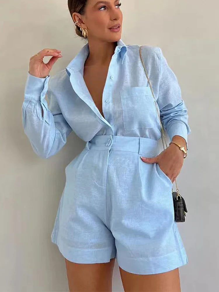 Conjunto Mujer 2 Piezas – Camisa de Manga Larga y Short