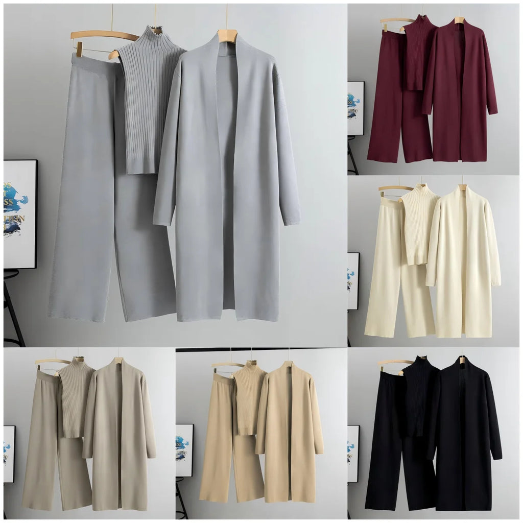 Conjunto casual de 3 piezas para mujer, confeccionado en tejido de punto con efecto fruncido. Diseño de corte regular, cuello con volantes y prendas de largo completo. Su tejido de spandex y poliéster proporciona comodidad