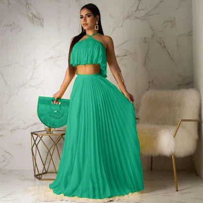Conjunto de dos piezas de verano para mujer: vestido largo elegante, top corto y falda. Conjunto sexy sin mangas, ideal para playa y fiestas.