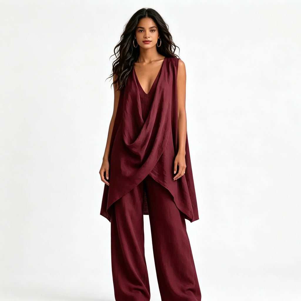 Conjunto de mujer de 2 piezas de estilo bohemio y casual, compuesto por un top de mezcla de lino con escote drapeado y bajo asimétrico, y pantalón largo de pierna ancha. Diseño holgado, cómodo y transpirable, de Sehe Fash