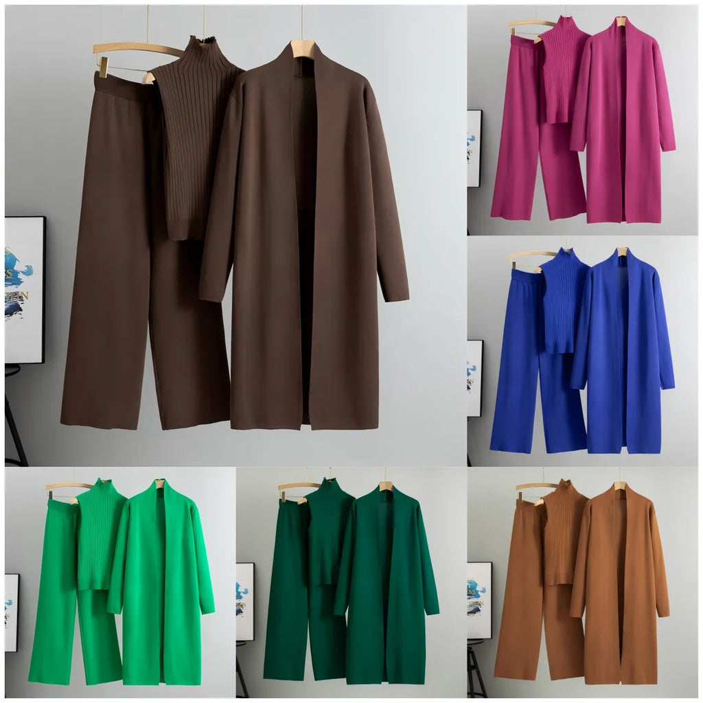 Conjunto casual de 3 piezas para mujer, confeccionado en tejido de punto con efecto fruncido. Diseño de corte regular, cuello con volantes y prendas de largo completo. Su tejido de spandex y poliéster proporciona comodidad