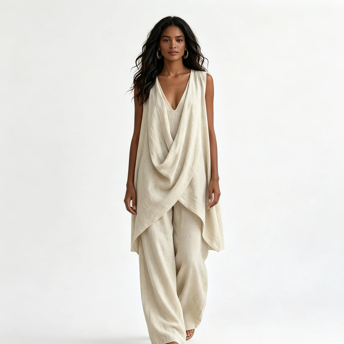 Conjunto de mujer de 2 piezas de estilo bohemio y casual, compuesto por un top de mezcla de lino con escote drapeado y bajo asimétrico, y pantalón largo de pierna ancha. Diseño holgado, cómodo y transpirable, de Sehe Fash