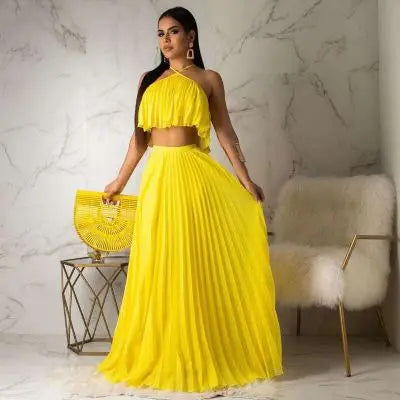 Conjunto de dos piezas de verano para mujer: vestido largo elegante, top corto y falda. Conjunto sexy sin mangas, ideal para playa y fiestas.