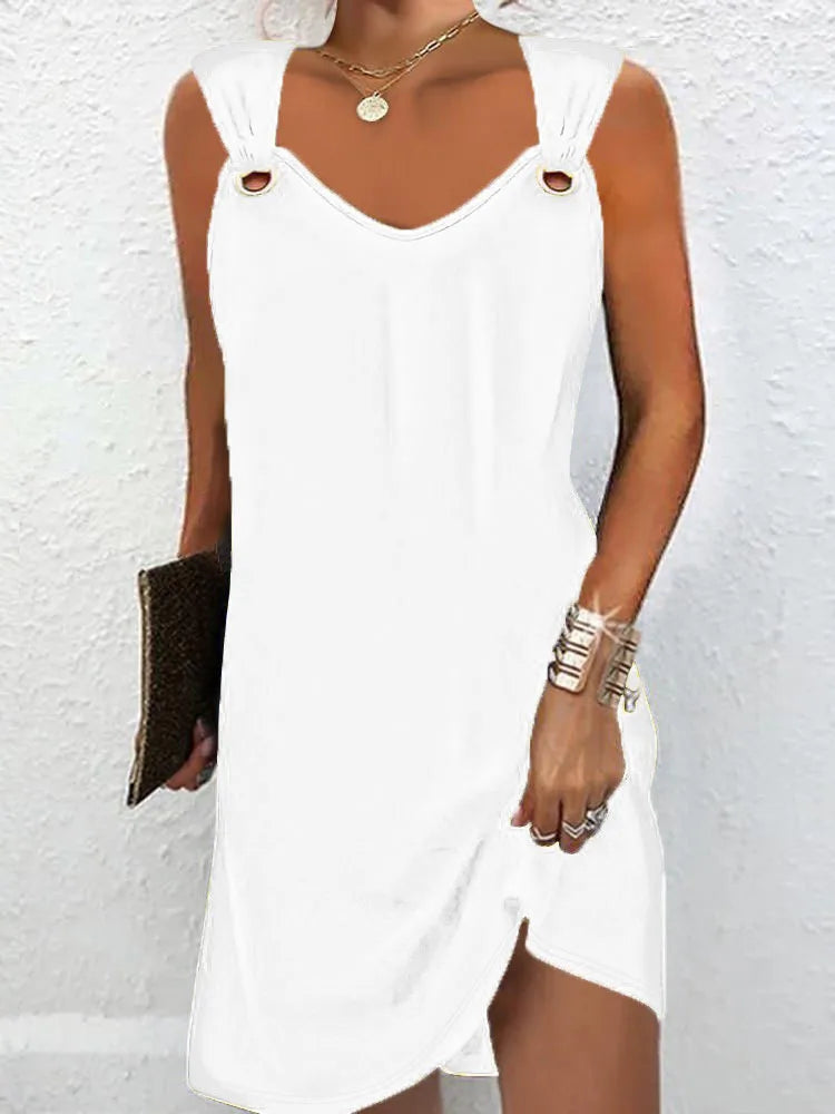 Vestido midi de talla grande para mujer, con cuello en V, sin mangas y de color liso, con botón metálico. Elegante, casual y chic, ideal para oficina y uso diario.