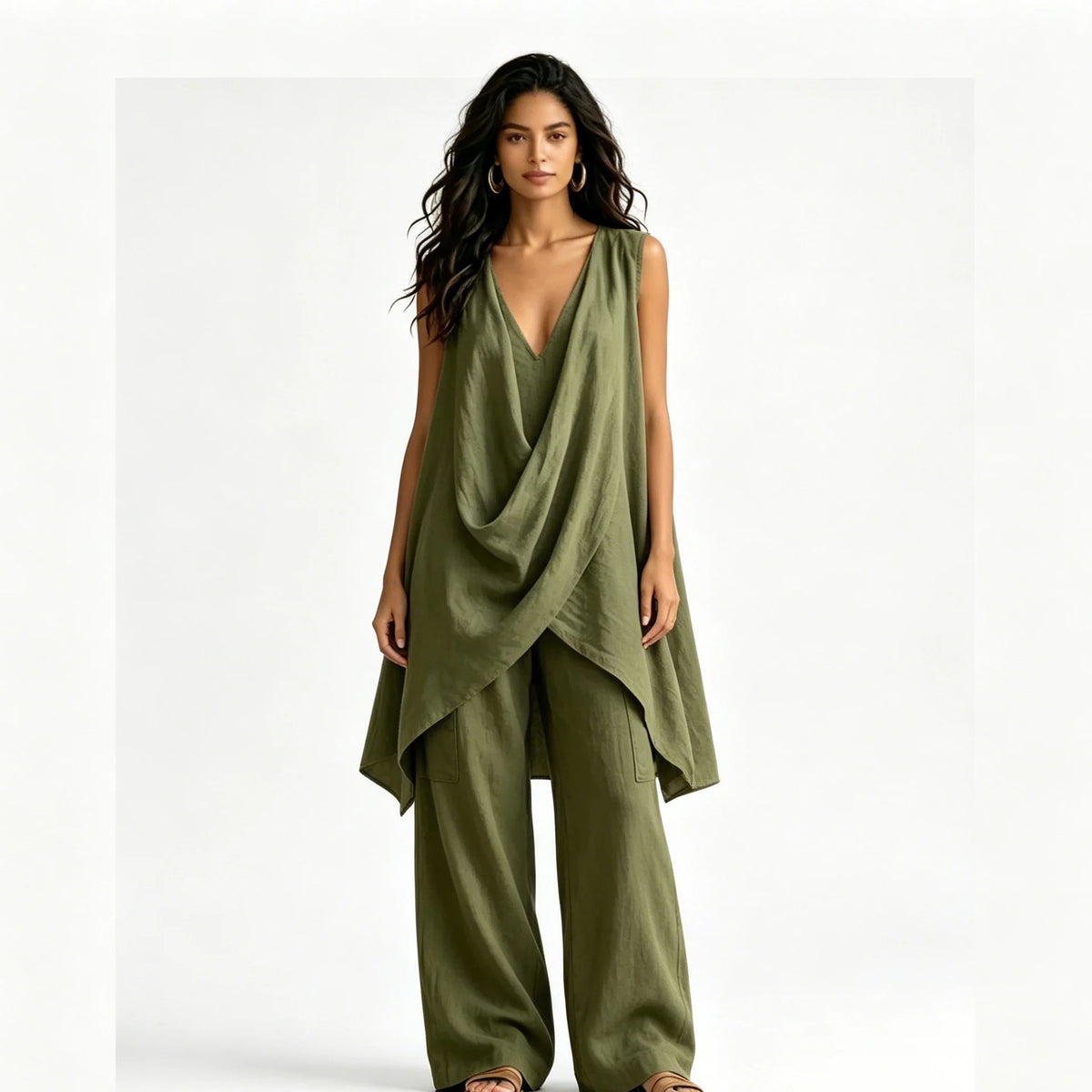 Conjunto de mujer de 2 piezas de estilo bohemio y casual, compuesto por un top de mezcla de lino con escote drapeado y bajo asimétrico, y pantalón largo de pierna ancha. Diseño holgado, cómodo y transpirable, de Sehe Fash