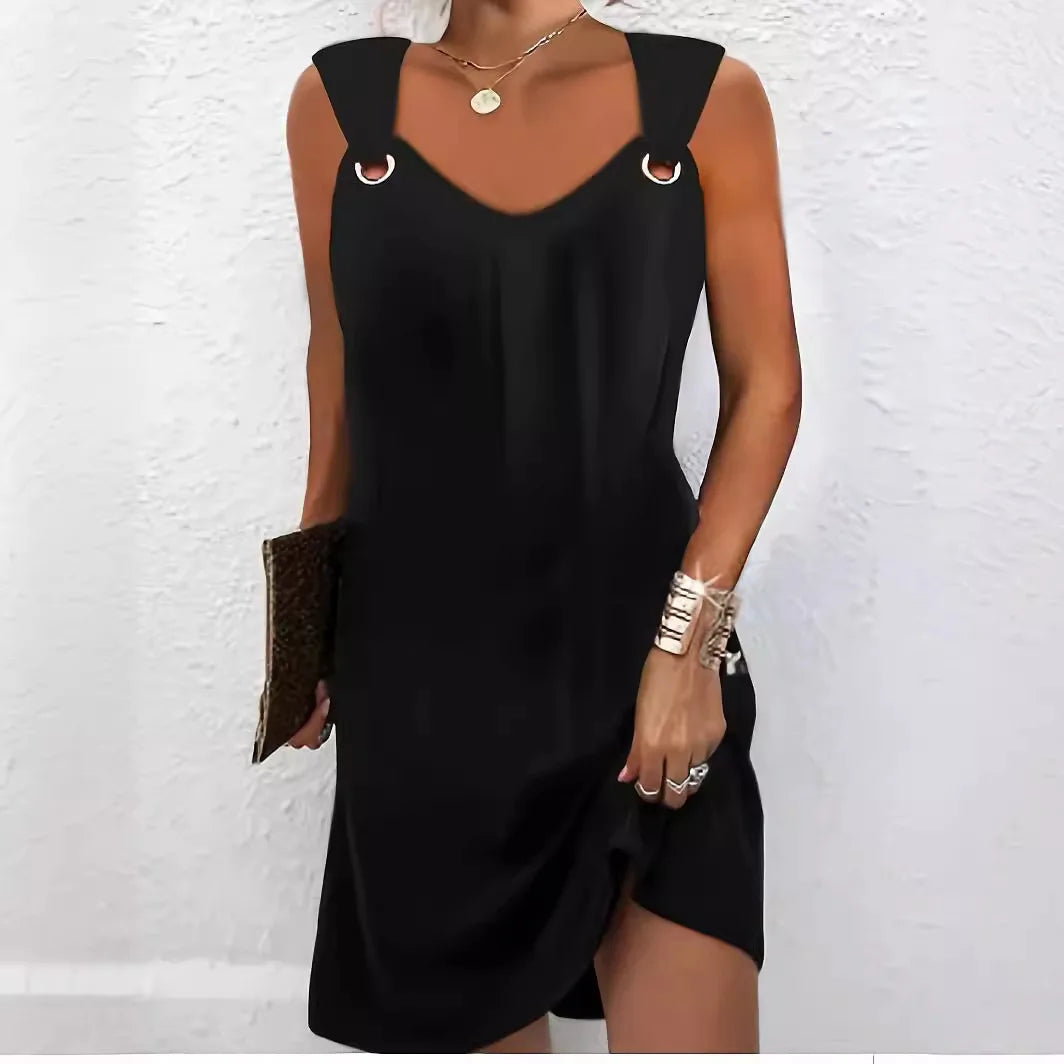 Vestido midi de talla grande para mujer, con cuello en V, sin mangas y de color liso, con botón metálico. Elegante, casual y chic, ideal para oficina y uso diario.