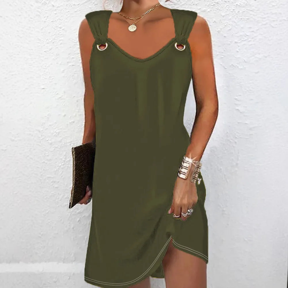 Vestido midi de talla grande para mujer, con cuello en V, sin mangas y de color liso, con botón metálico. Elegante, casual y chic, ideal para oficina y uso diario.
