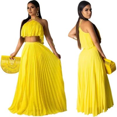Conjunto de dos piezas de verano para mujer: vestido largo elegante, top corto y falda. Conjunto sexy sin mangas, ideal para playa y fiestas.