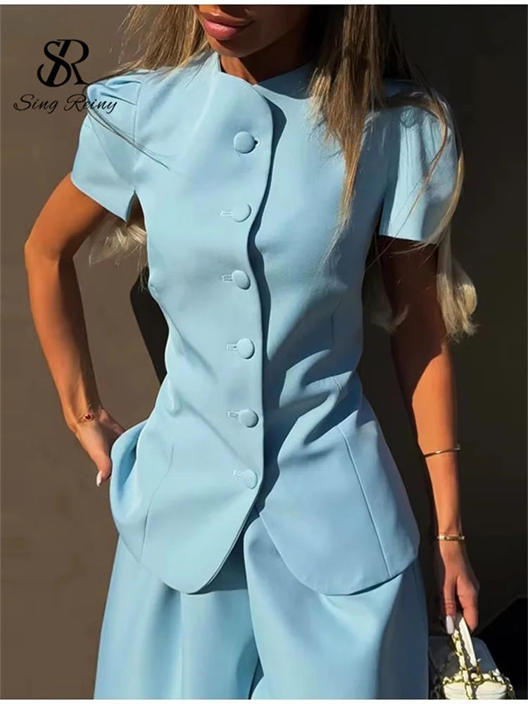 Conjunto de pantalón de 2 piezas para mujer SINGREINY: top de manga corta y cuello redondo + pantalón largo de pierna ancha, estilo urbano Y2K y elegante, colección 2026.