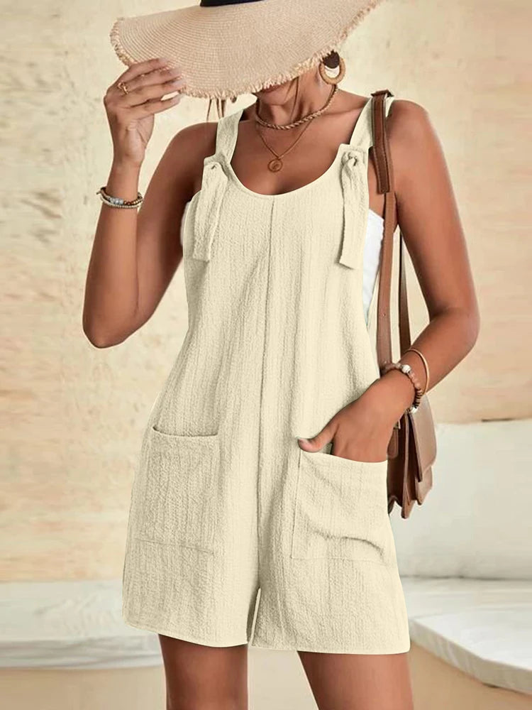 Mono corto casual de verano para mujer, elegante y de color liso, sin mangas, con tirantes ajustables y lazo, diseño vintage Harajuku, corte holgado y bolsillos.