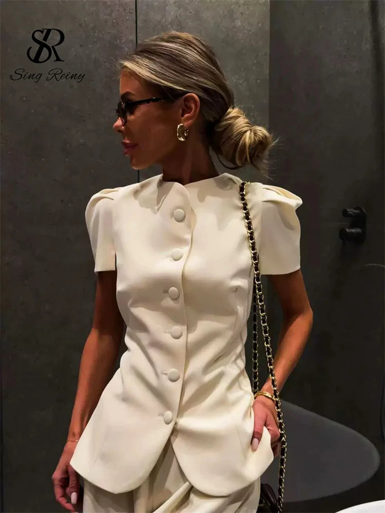 Conjunto de pantalón de 2 piezas para mujer SINGREINY: top de manga corta y cuello redondo + pantalón largo de pierna ancha, estilo urbano Y2K y elegante, colección 2026.