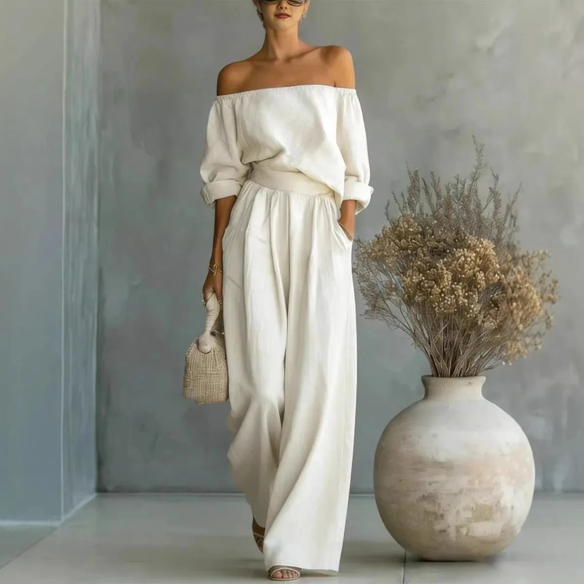 Conjunto casual de 2 piezas para mujer, nueva colección 2026, con top de hombros descubiertos y pantalón de pierna ancha. Conjunto largo y elegante, ideal para looks de verano, vacaciones y ocasiones especiales.