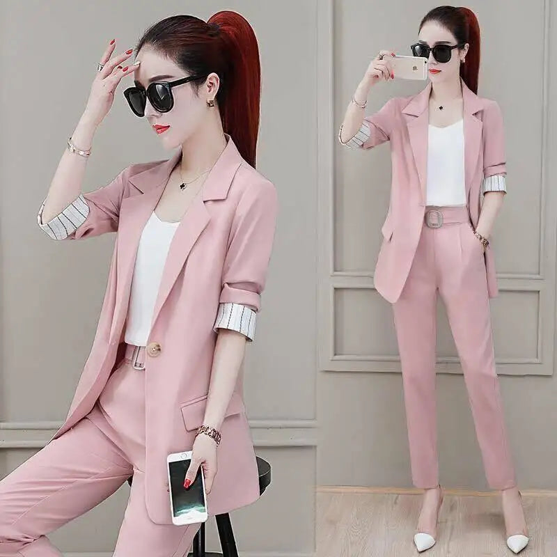 Conjunto de pantalón de 2 piezas para mujer, traje profesional con blazer y pantalón, conjunto elegante para trabajar en oficina, en color rosa.