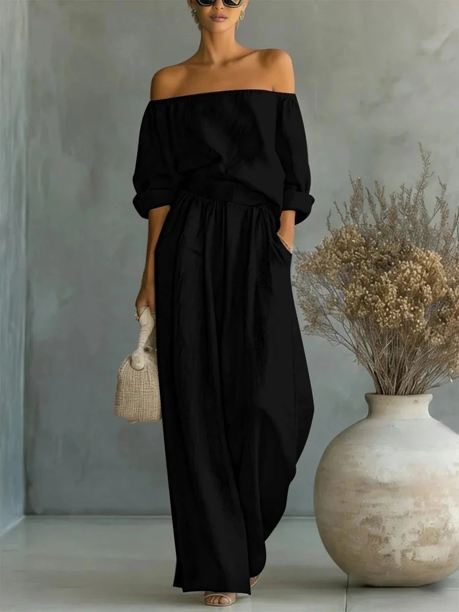 Conjunto casual de 2 piezas para mujer, nueva colección 2026, con top de hombros descubiertos y pantalón de pierna ancha. Conjunto largo y elegante, ideal para looks de verano, vacaciones y ocasiones especiales.