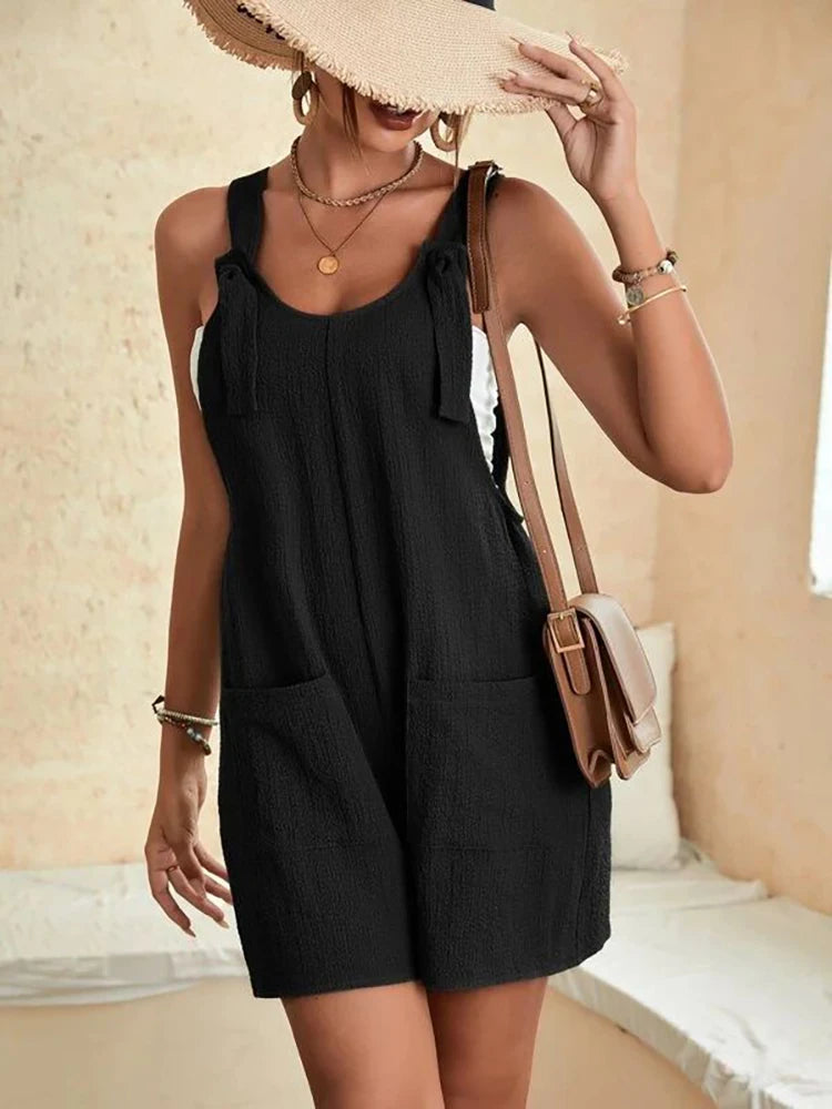 Mono corto casual de verano para mujer, elegante y de color liso, sin mangas, con tirantes ajustables y lazo, diseño vintage Harajuku, corte holgado y bolsillos.
