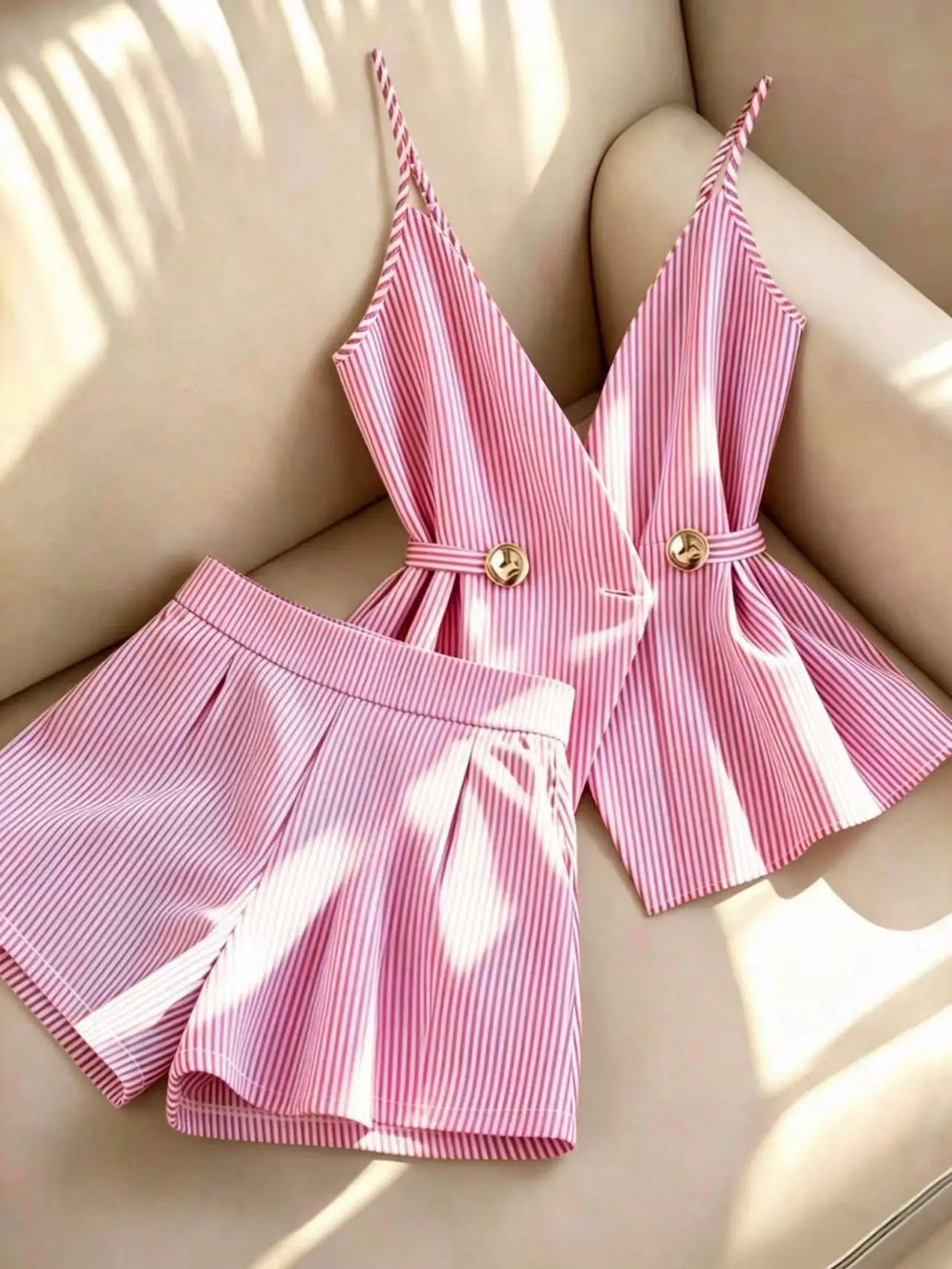 Conjunto de 2 piezas de rayas – Top con cordones y shorts plisados

Categoría: Conjuntos → Conjuntos de verano
Tipo: Conjunto de shorts
Estilo: Elegante / Casual
Temporada: Verano
Etiquetas: rayas · shorts · cintura al