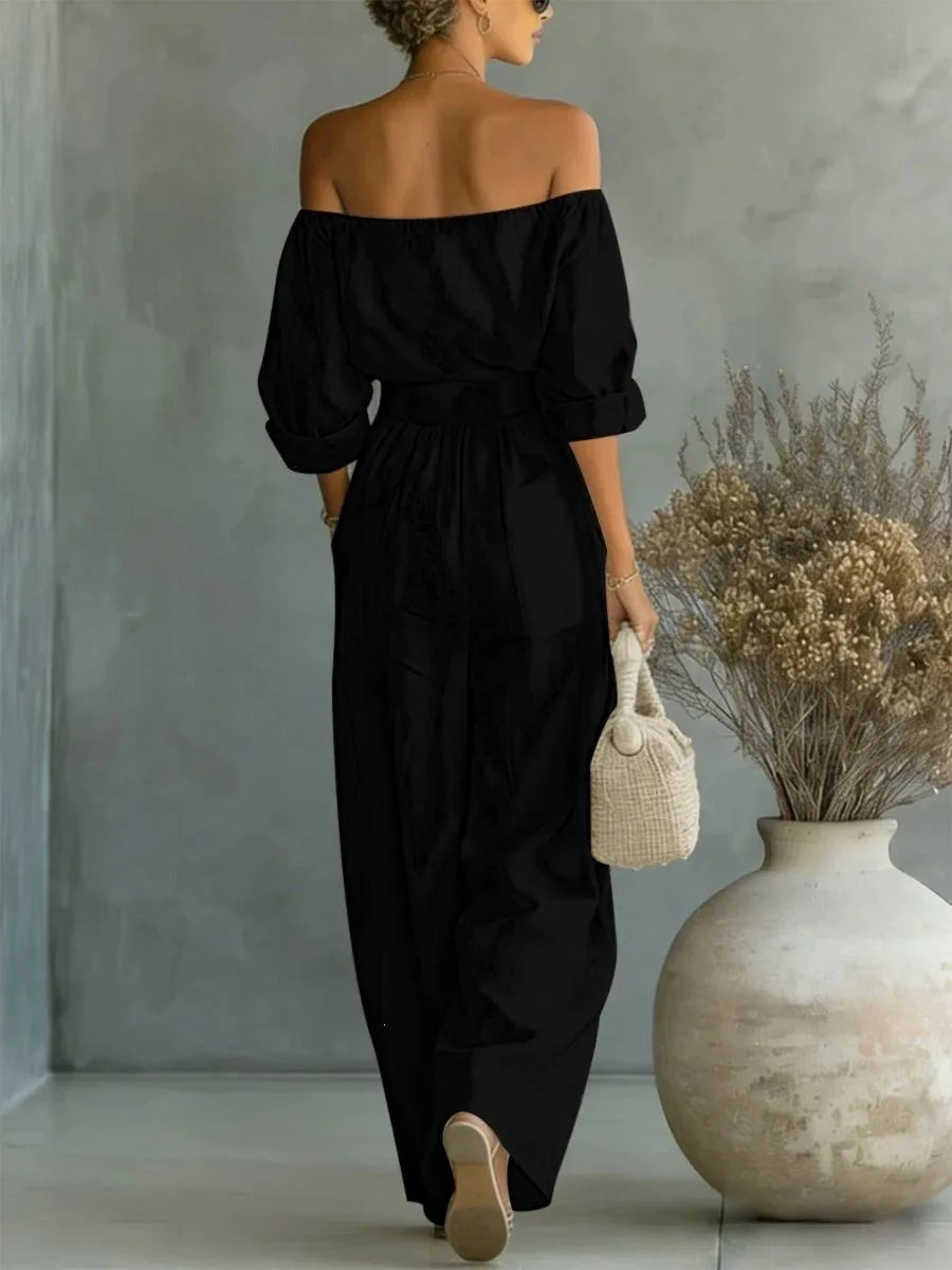 Conjunto casual de 2 piezas para mujer, nueva colección 2026, con top de hombros descubiertos y pantalón de pierna ancha. Conjunto largo y elegante, ideal para looks de verano, vacaciones y ocasiones especiales.