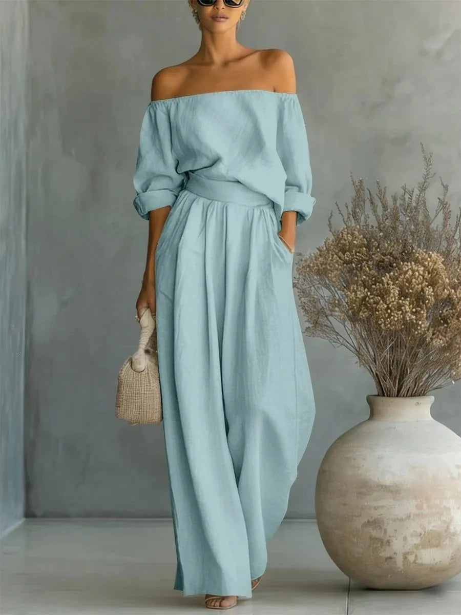 Conjunto casual de 2 piezas para mujer, nueva colección 2026, con top de hombros descubiertos y pantalón de pierna ancha. Conjunto largo y elegante, ideal para looks de verano, vacaciones y ocasiones especiales.