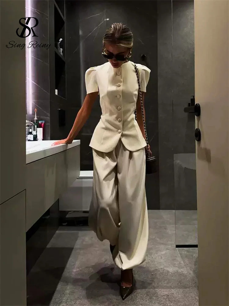 Conjunto de pantalón de 2 piezas para mujer SINGREINY: top de manga corta y cuello redondo + pantalón largo de pierna ancha, estilo urbano Y2K y elegante, colección 2026.