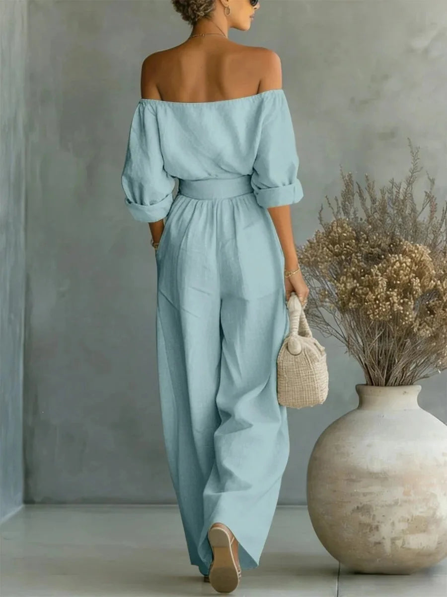 Conjunto casual de 2 piezas para mujer, nueva colección 2026, con top de hombros descubiertos y pantalón de pierna ancha. Conjunto largo y elegante, ideal para looks de verano, vacaciones y ocasiones especiales.