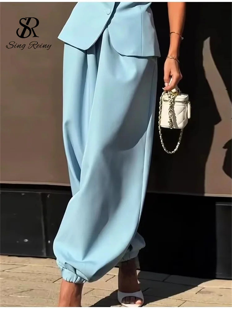 Conjunto de pantalón de 2 piezas para mujer SINGREINY: top de manga corta y cuello redondo + pantalón largo de pierna ancha, estilo urbano Y2K y elegante, colección 2026.