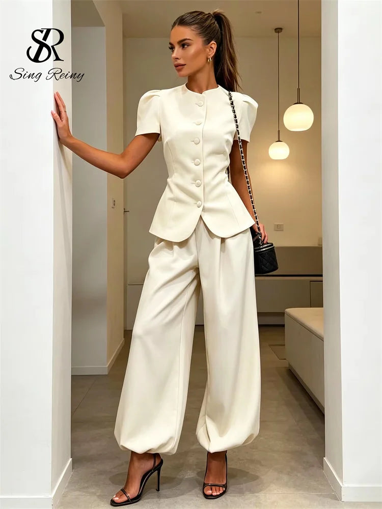 Conjunto de pantalón de 2 piezas para mujer SINGREINY: top de manga corta y cuello redondo + pantalón largo de pierna ancha, estilo urbano Y2K y elegante, colección 2026.