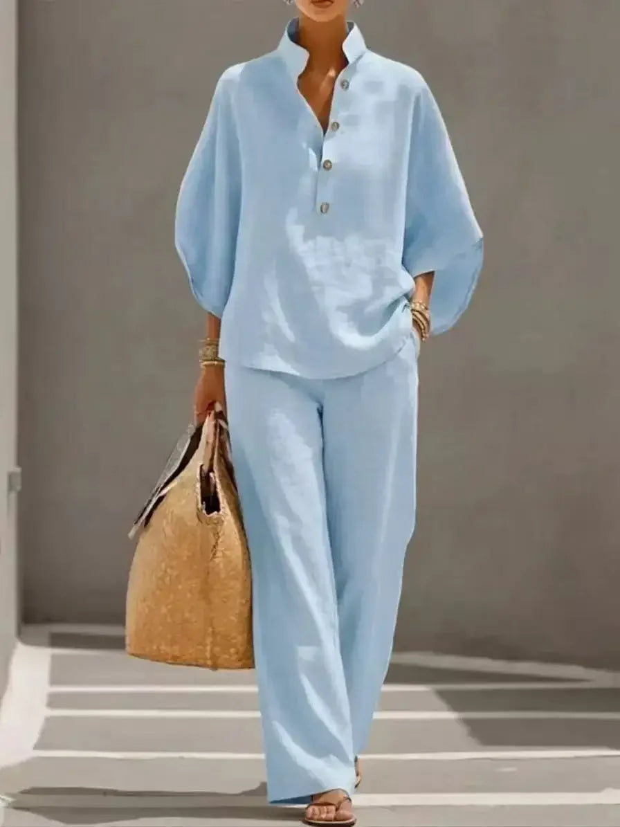 Conjunto de camisa de ocio para mujer, con un estilo relajado y desenfadado. Ideal para ir al trabajo, viajar o disfrutar de las vacaciones. Tejido ligero y ligeramente transparente.