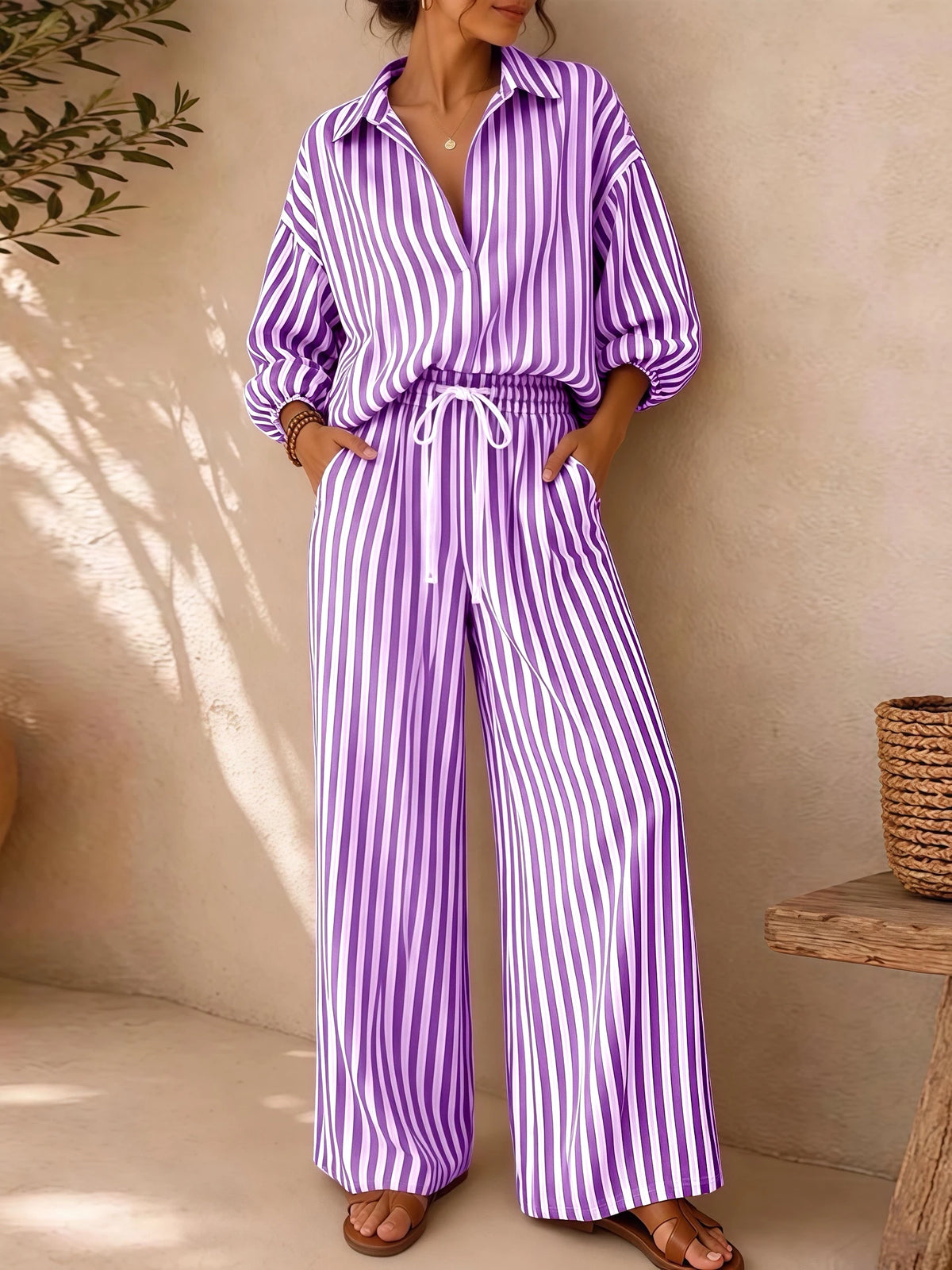 🤍 Conjunto de Verano a Rayas

Top de escote en V con manga 3/4 + pantalón recto con cordón