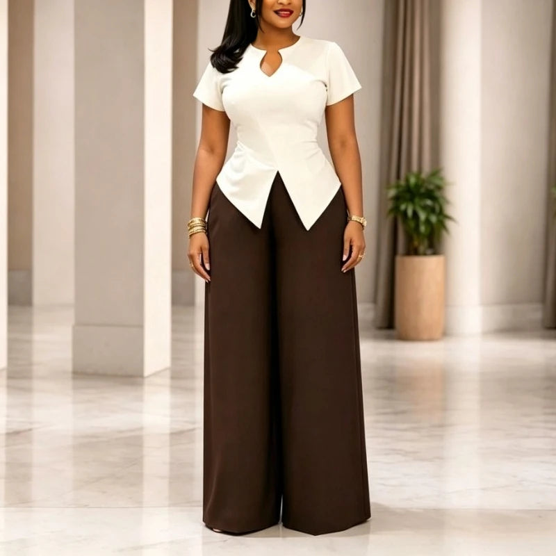 Conjunto casual de 2 piezas para mujer: top elegante de manga corta con cuello en V y pantalón de pierna ancha de cintura alta. Un conjunto sencillo, elegante y moderno para el día a día.