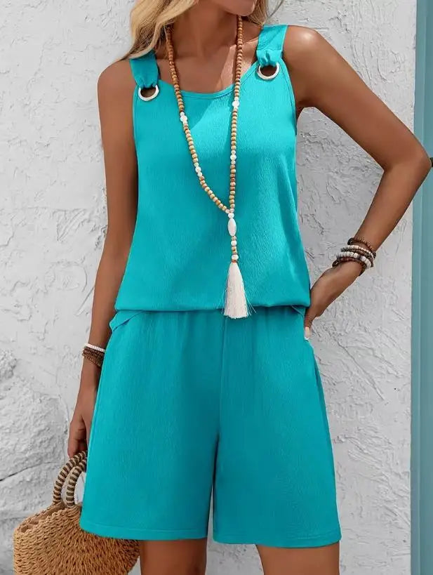 Conjunto casual de 2 piezas para mujer, verano 2026, con top de tirantes sin mangas y shorts. Nuevo conjunto a juego, elegante y moderno.
