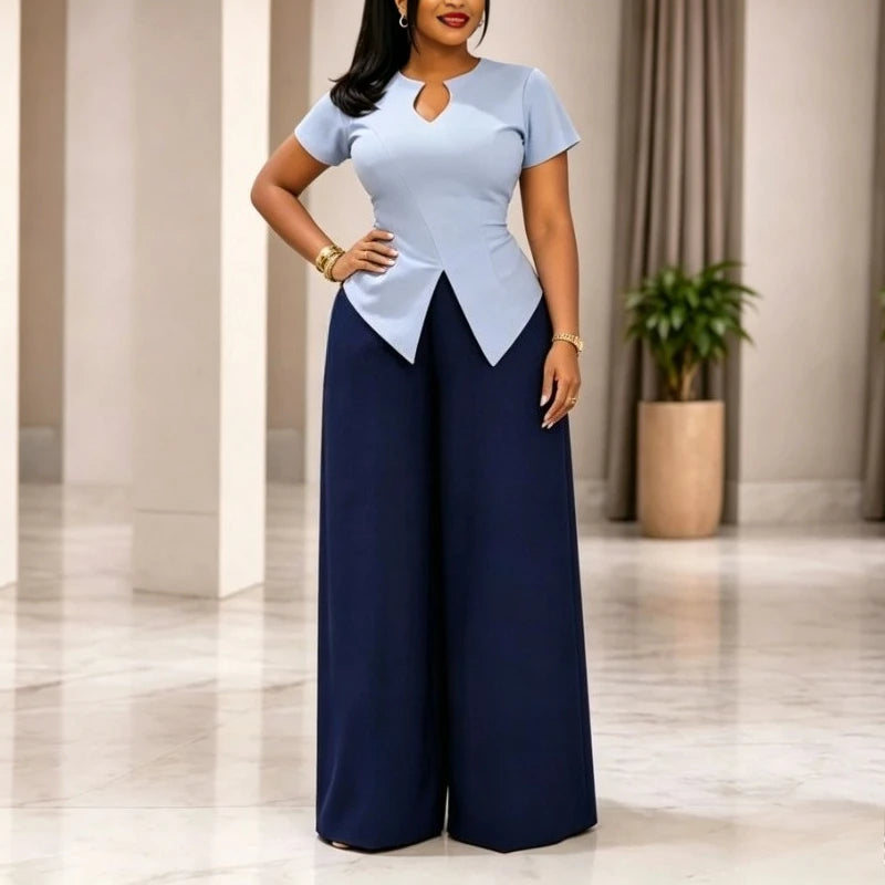 Conjunto casual de 2 piezas para mujer: top elegante de manga corta con cuello en V y pantalón de pierna ancha de cintura alta. Un conjunto sencillo, elegante y moderno para el día a día.