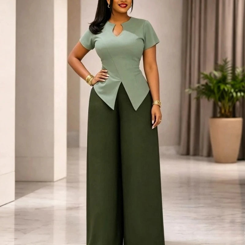 Conjunto casual de 2 piezas para mujer: top elegante de manga corta con cuello en V y pantalón de pierna ancha de cintura alta. Un conjunto sencillo, elegante y moderno para el día a día.