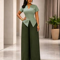 Conjunto casual de 2 piezas para mujer: top elegante de manga corta con cuello en V y pantalón de pierna ancha de cintura alta. Un conjunto sencillo, elegante y moderno para el día a día.