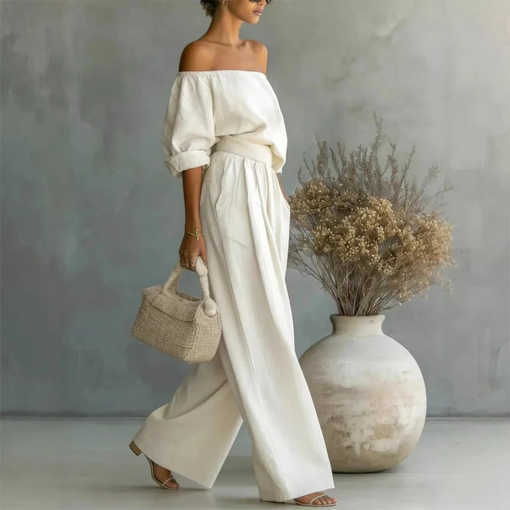 Conjunto casual de 2 piezas para mujer, nueva colección 2026, con top de hombros descubiertos y pantalón de pierna ancha. Conjunto largo y elegante, ideal para looks de verano, vacaciones y ocasiones especiales.