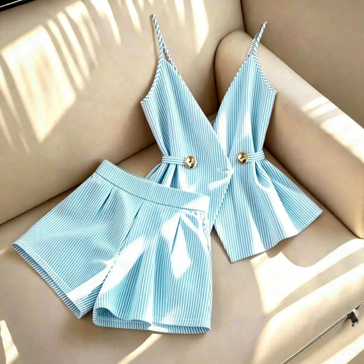 Conjunto de 2 piezas de rayas – Top con cordones y shorts plisados

Categoría: Conjuntos → Conjuntos de verano
Tipo: Conjunto de shorts
Estilo: Elegante / Casual
Temporada: Verano
Etiquetas: rayas · shorts · cintura al
