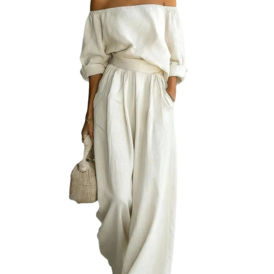 Conjunto casual de 2 piezas para mujer, nueva colección 2026, con top de hombros descubiertos y pantalón de pierna ancha. Conjunto largo y elegante, ideal para looks de verano, vacaciones y ocasiones especiales.