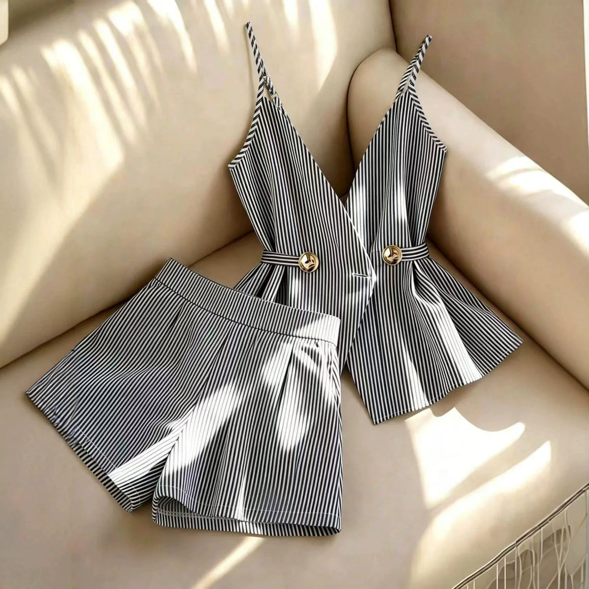 Conjunto de 2 piezas de rayas – Top con cordones y shorts plisados

Categoría: Conjuntos → Conjuntos de verano
Tipo: Conjunto de shorts
Estilo: Elegante / Casual
Temporada: Verano
Etiquetas: rayas · shorts · cintura al