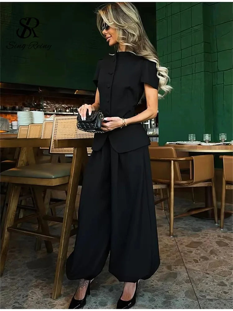 Conjunto de pantalón de 2 piezas para mujer SINGREINY: top de manga corta y cuello redondo + pantalón largo de pierna ancha, estilo urbano Y2K y elegante, colección 2026.