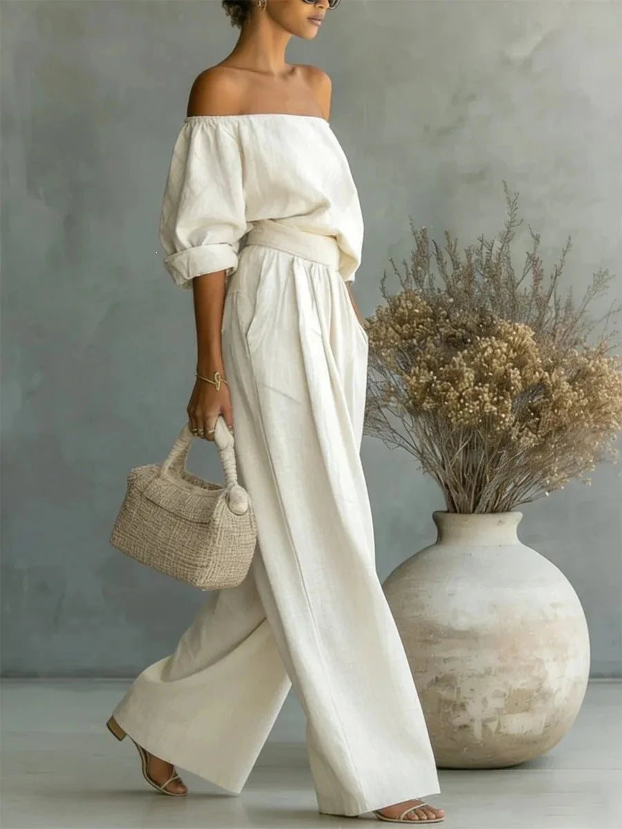 Conjunto casual de 2 piezas para mujer, nueva colección 2026, con top de hombros descubiertos y pantalón de pierna ancha. Conjunto largo y elegante, ideal para looks de verano, vacaciones y ocasiones especiales.