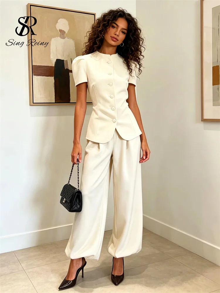 Conjunto de pantalón de 2 piezas para mujer SINGREINY: top de manga corta y cuello redondo + pantalón largo de pierna ancha, estilo urbano Y2K y elegante, colección 2026.