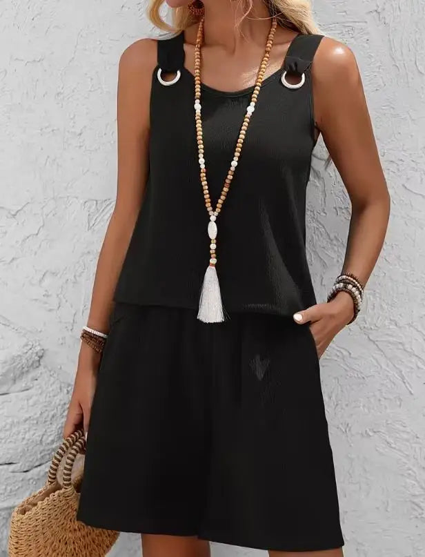 Conjunto casual de 2 piezas para mujer, verano 2026, con top de tirantes sin mangas y shorts. Nuevo conjunto a juego, elegante y moderno.