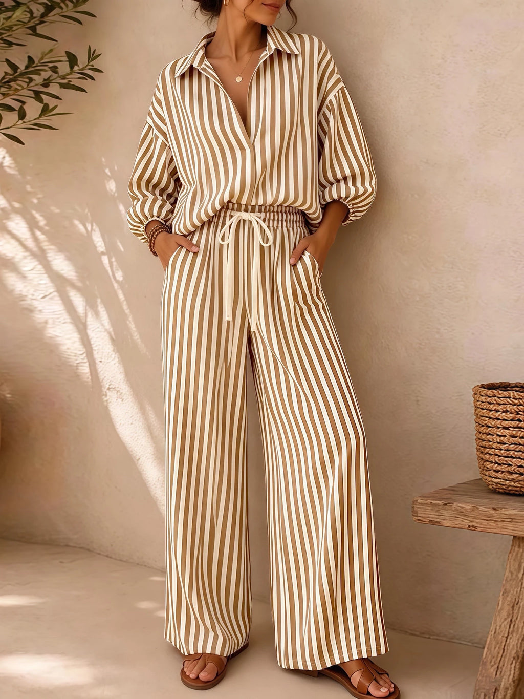🤍 Conjunto de Verano a Rayas

Top de escote en V con manga 3/4 + pantalón recto con cordón
