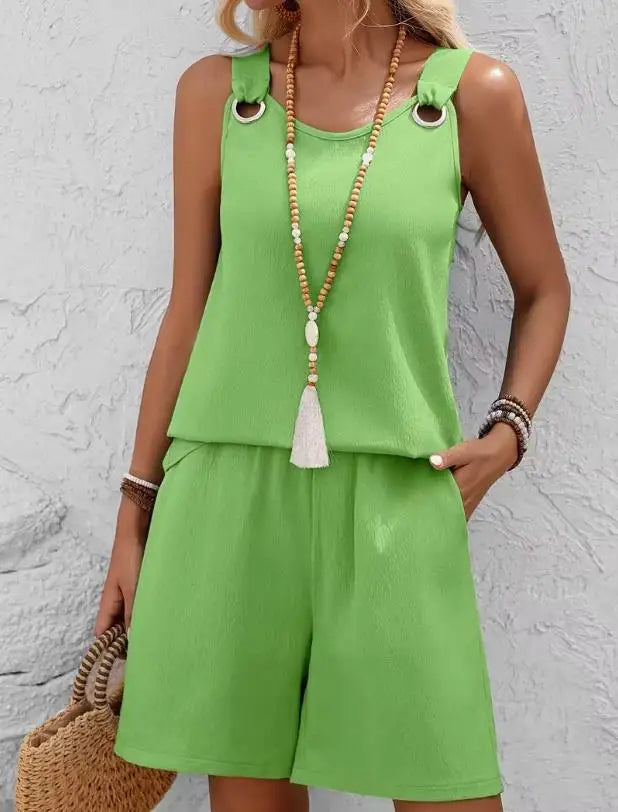Conjunto casual de 2 piezas para mujer, verano 2026, con top de tirantes sin mangas y shorts. Nuevo conjunto a juego, elegante y moderno.