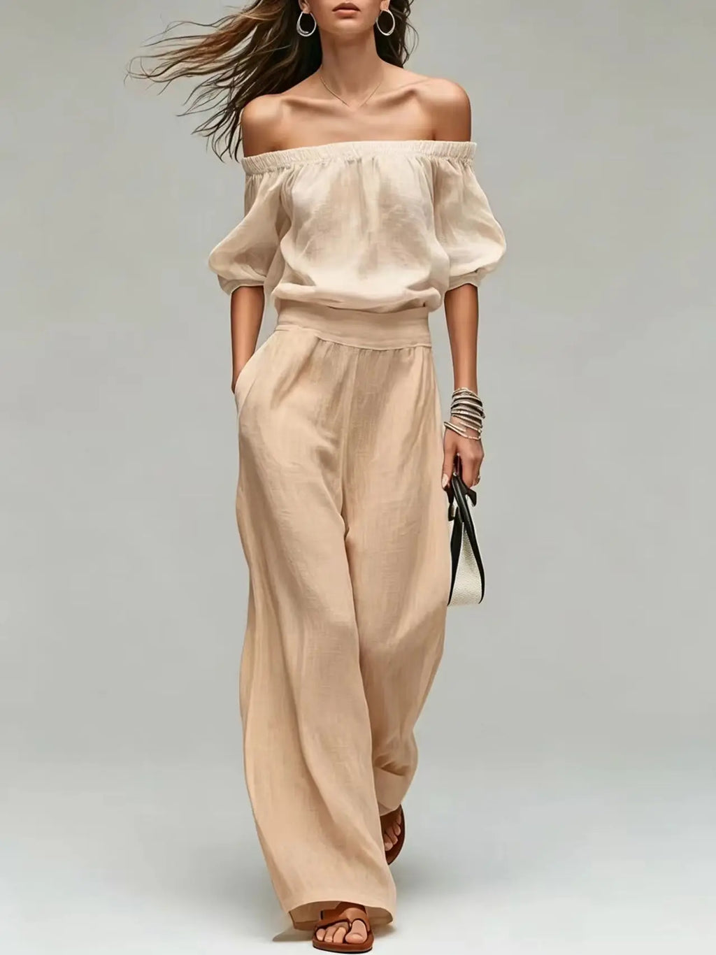 Conjunto de 2 piezas de verano: top de un solo hombro con cintura ajustada y pantalón de pierna ancha. Diseño elegante y moderno en color liso, ideal para looks casuales, vacaciones y fiestas.