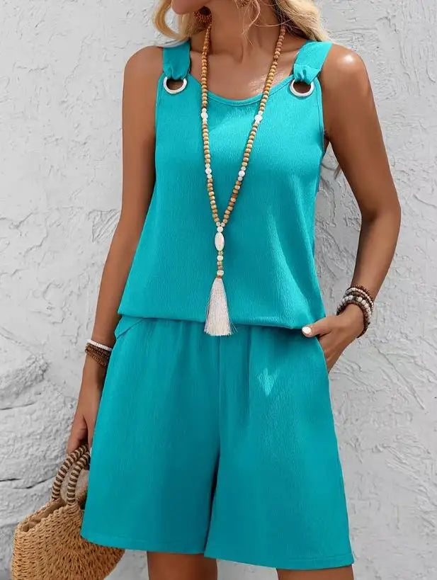 Conjunto casual de 2 piezas para mujer, verano 2026, con top de tirantes sin mangas y shorts. Nuevo conjunto a juego, elegante y moderno.