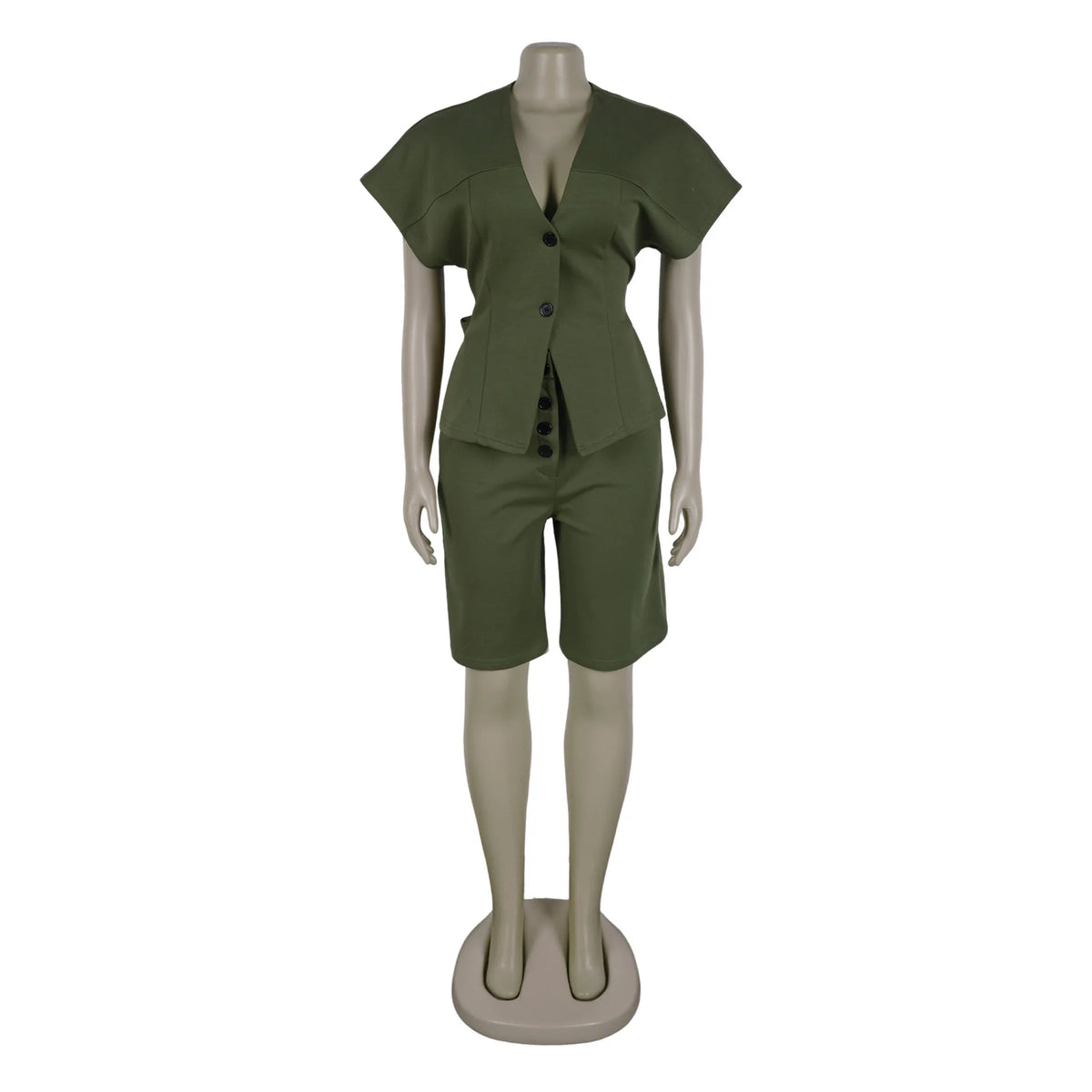 Conjunto de pantalón de 2 piezas para mujer

Conjunto a juego liso con chaqueta abotonada de manga corta, cuello en V, cintura alta y pantalón amplio hasta la rodilla. Corte holgado. Colección otoño 2026.