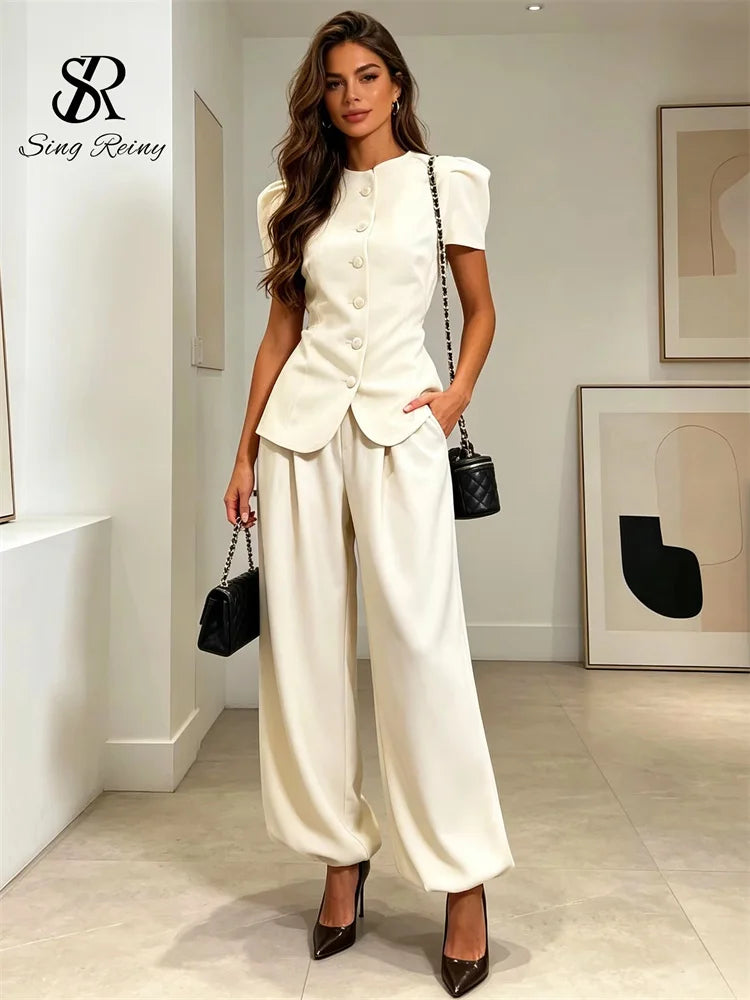 Conjunto de pantalón de 2 piezas para mujer SINGREINY: top de manga corta y cuello redondo + pantalón largo de pierna ancha, estilo urbano Y2K y elegante, colección 2026.