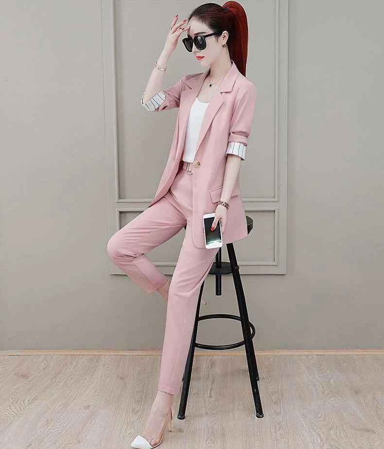 Conjunto de pantalón de 2 piezas para mujer, traje profesional con blazer y pantalón, conjunto elegante para trabajar en oficina, en color rosa.