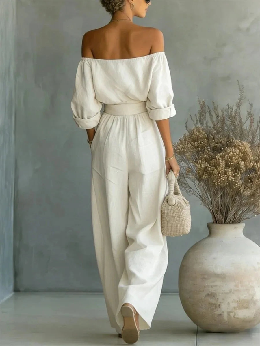 Conjunto casual de 2 piezas para mujer, nueva colección 2026, con top de hombros descubiertos y pantalón de pierna ancha. Conjunto largo y elegante, ideal para looks de verano, vacaciones y ocasiones especiales.