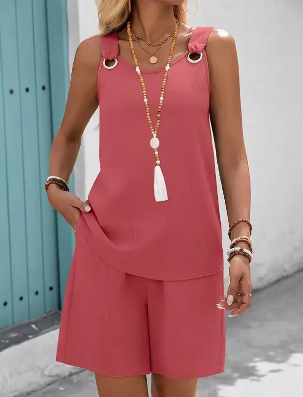 Conjunto casual de 2 piezas para mujer, verano 2026, con top de tirantes sin mangas y shorts. Nuevo conjunto a juego, elegante y moderno.